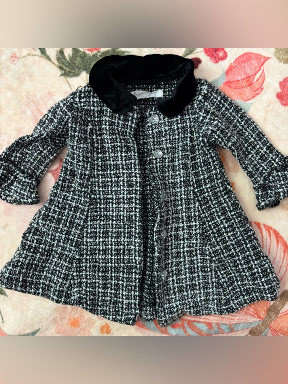 Girls' Black & White Tweed Coat with Velvet Collar